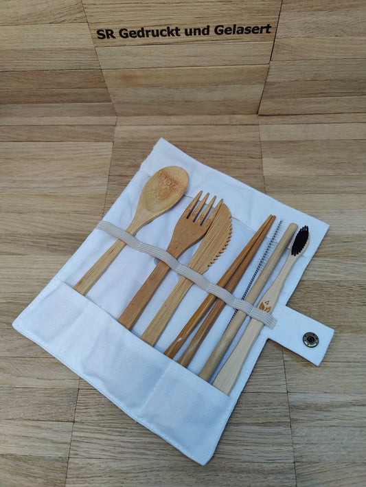 Reisebesteck Campingbesteck aus Bambus 9-teilig mit Stofftasche Zahnbürste mit Wunschgravur individuelles Geschenk Geschenkidee Geschenk