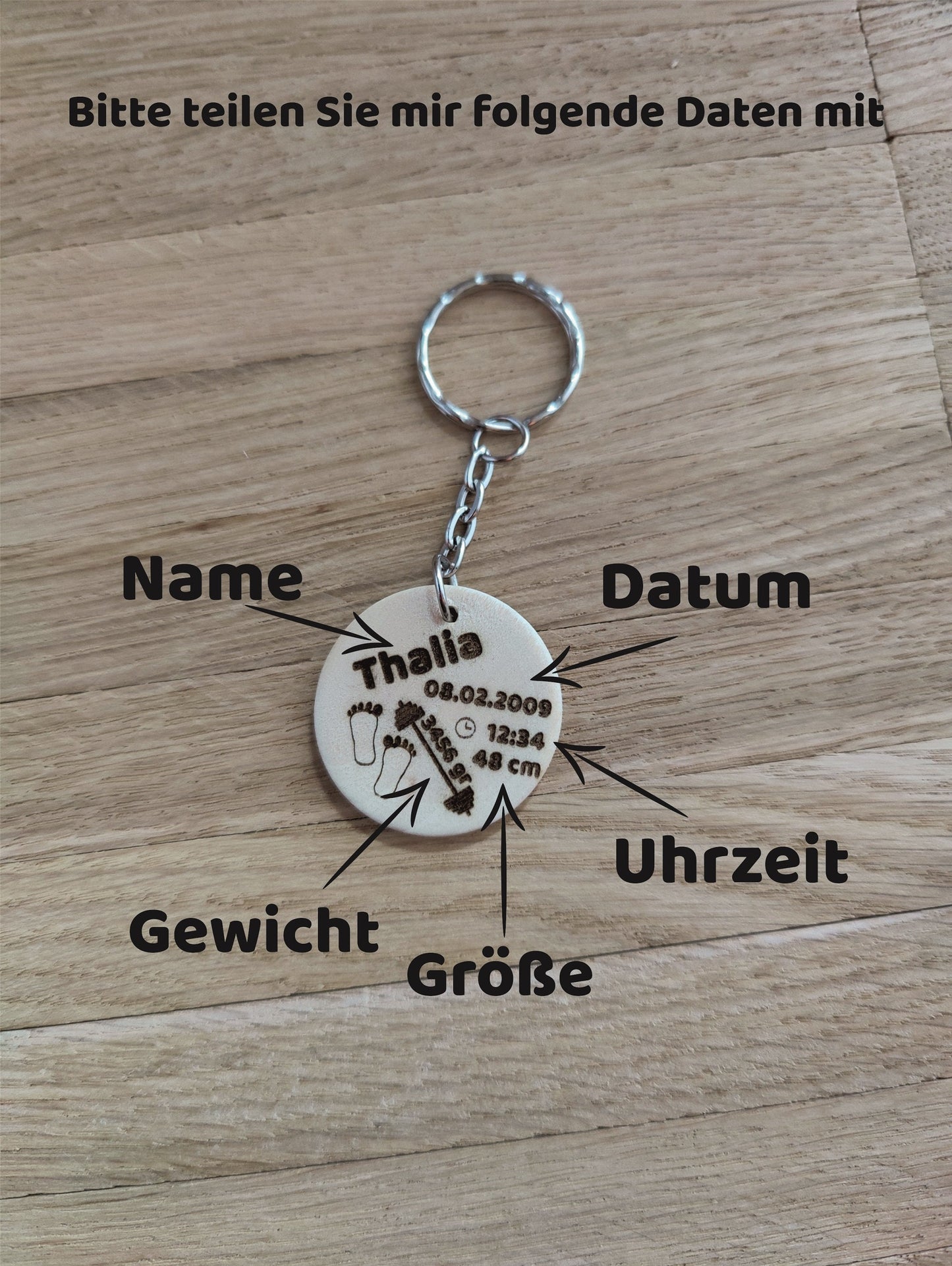 Schlüsselanhänger Baby zur Geburt mit Geburtsdaten Holz 35 mm mit Wunschgravur ideales Geschenk Personalisiert Geschenkidee Geschenk