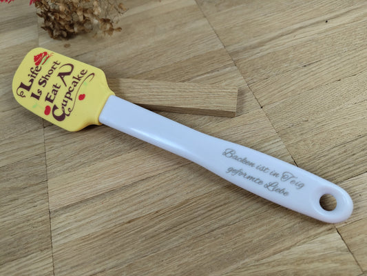 Teigschaber Silikonspatel Life is Short Eat a Cupcake gelb backen, kochen ca. 25 cm lang mit Wunschgravur personalisiert Geschenk