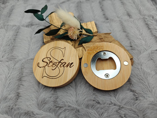 Flaschenöffner personalisiert rund aus Bambus mit individueller Gravur Geschenk Geschenkidee