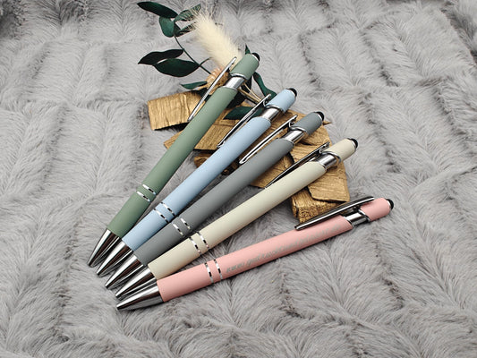 Kugelschreiber personalisiert mit Touchpen pastellfarbe aus Aluminium mit Gravur Kuli Stift Holz Gastgeschenk Geschenk
