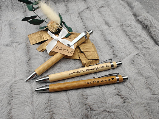 Kugelschreiber personalisiert aus Bambus mit Gravur Danke mit Schleife schwarz Kuli Stift Holz Gastgeschenk Geschenk Gift