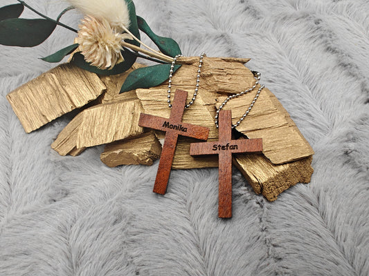 Schlüsselanhänger Kreuz aus Holz mit Gravur und Kugelkette 41x28x5mm Geschenk Christlich Glaube Kirche