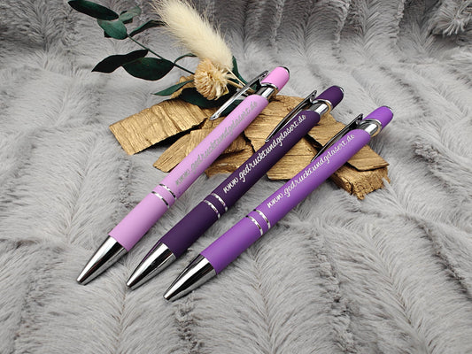 Kugelschreiber personalisiert mit Touchpen lila flieder dunkellila aus Aluminium mit Gravur Kuli Stift Holz Gastgeschenk Geschenk