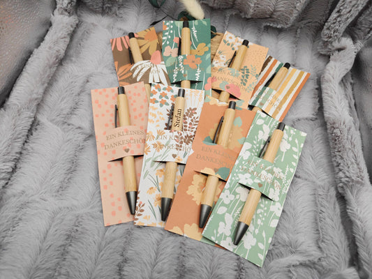 Kugelschreiber personalisiert Kleines Dankeschön 8 florale Muster Geschenk Bambus individueller Gravur