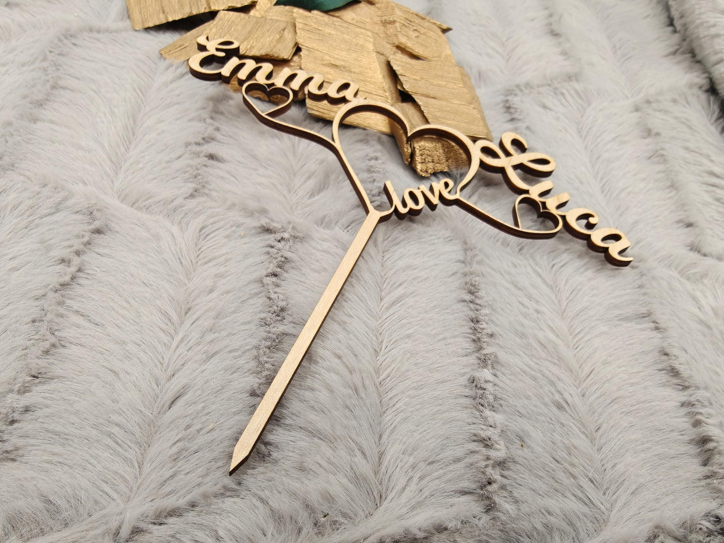 Cake Topper personalisiert Hochzeit aus Holz | Tortenstecker mit 2 Namen & Herzen | Wedding Cake Topper Birkensperrholz | Boho Tortendeko