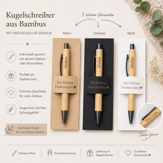 Kugelschreiber personalisiert Kleines Dankeschön 3 edle Farben Geschenk Bambus individueller Gravur