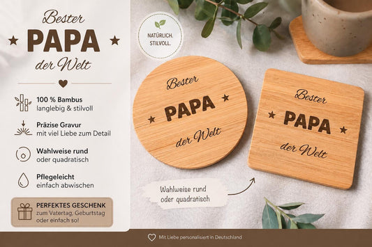 Untersetzer Bester PAPA der Welt personalisiert Bambus mit Wunschgravur individuelles Geschenk Geschenkidee Glasuntersetzer Geschenk