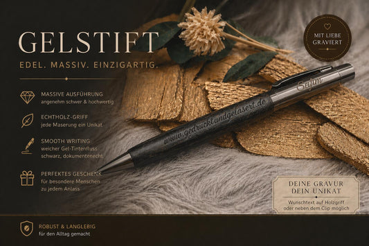 Edler Kugelschreiber Gelstift personalisiert mit Gravur schwarz Kuli Stift Holz Gastgeschenk Geschenk Gift