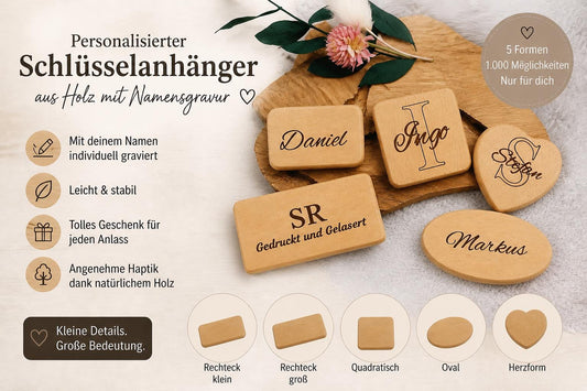 Personalisierter Schlüsselanhänger Holz mit Gravur | Individueller Holzanhänger Herz Rechteck Oval Quadrat | Gastgeschenk Hochzeit & Einzug