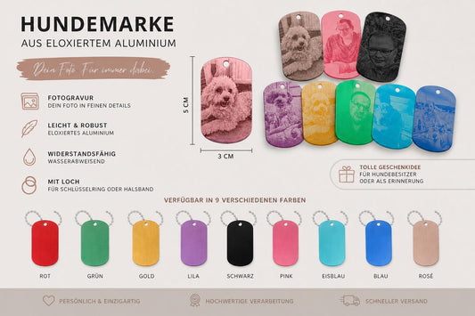 Dog Tag Hundemarke mit Fotogravur aus Aluminium eloxiert | Personalisierte Erkennungsmarke mit Foto | Individueller Anhänger inkl. Kette