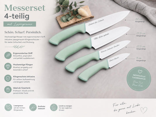 Personalisiertes Messerset 4-teilig Mintgrün mit Gravur | Kochmesser Santoku Küchenmesser Gemüsemesser | Edelstahl | Einzug & Hochzeit