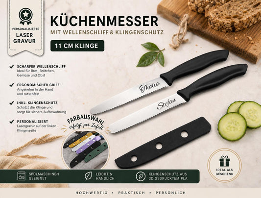 Personalisiertes Küchenmesser mit Gravur | Tomatenmesser Edelstahl 11 cm | Frühstücksmesser mit Name & 3D-gedruckten Klingenschutz