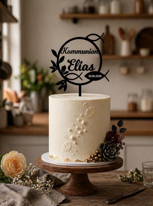 Cake Topper Kommunion Konfirmation Firmung personalisiert mit Name | Tortendeko | Acryl | Fisch | Geschenk | Tortenstecker