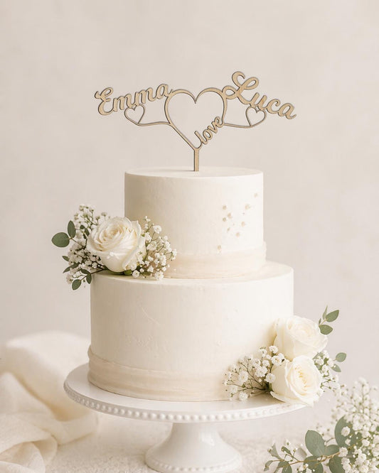 Cake Topper personalisiert Hochzeit aus Holz | Tortenstecker mit 2 Namen & Herzen | Wedding Cake Topper Birkensperrholz | Boho Tortendeko