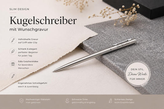 Kugelschreiber personalisiert Slim mit Gravur Kuli Stift Holz Gastgeschenk Geschenk Gift Edelstahl
