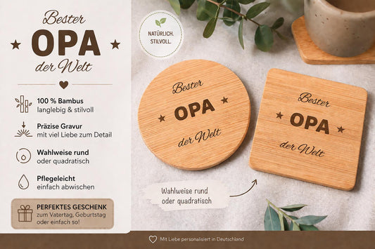 Untersetzer Bester OPA der Welt personalisiert Bambus mit Wunschgravur individuelles Geschenk Geschenkidee Glasuntersetzer Geschenk