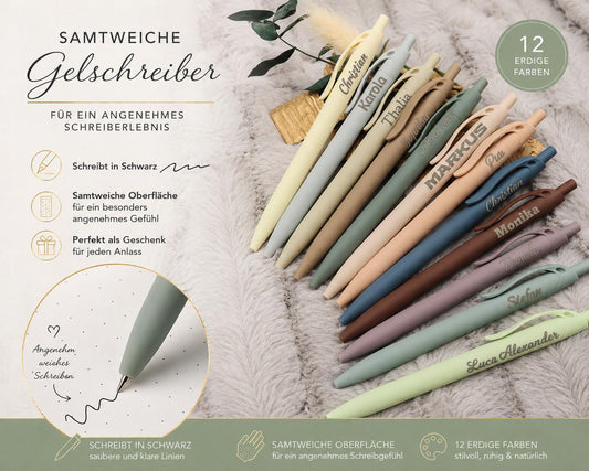 Gelschreiber personalisiert 12 erdige Farben samtige Oberfläche mit Gravur Kuli Stift Gastgeschenk Geschenk Kugelschreiber