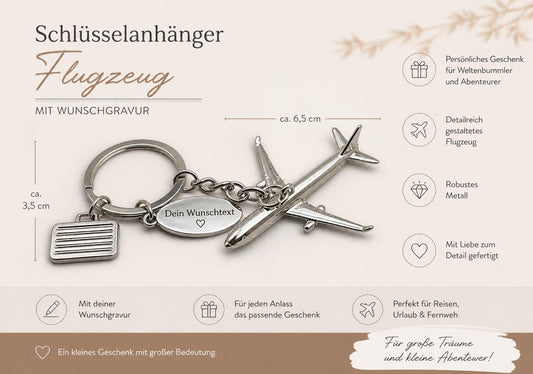 Personalisierter Schlüsselanhänger Flugzeug mit Gravur | Metall Anhänger Koffer & Name | Geschenk für Reisende Piloten | Glücksbringer