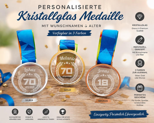Personalisierte Medaille mit Name & Alter | Gold Silber Bronze mit Kristallglas | Individuelle Auszeichnung | Medaille mit Band graviert