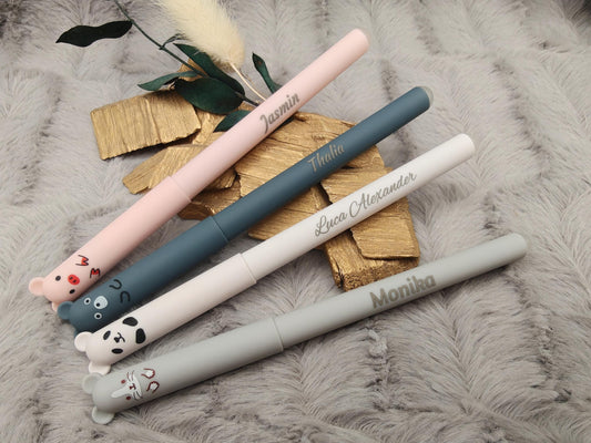 Personalisierter Tier Gelschreiber radierbar | Stift mit Gravur Name | Tintenroller Panda Maus Bär Schwein | Geschenk Schulanfang