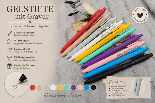 Gelschreiber personalisiert 10 Farben samtige Oberfläche mit Gravur Kuli Stift Gastgeschenk Geschenk Kugelschreiber
