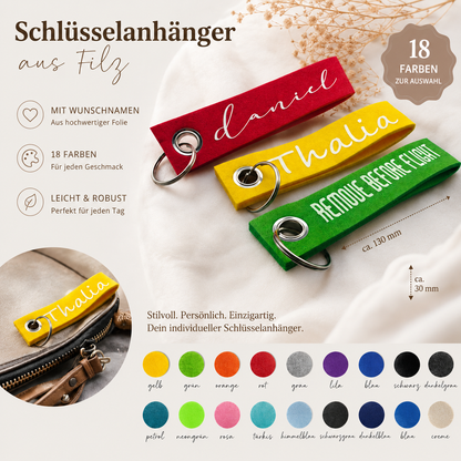 Schlüsselanhänger Filz personalisiert mit Namen 13 Farben zur Auswahl Geschenk