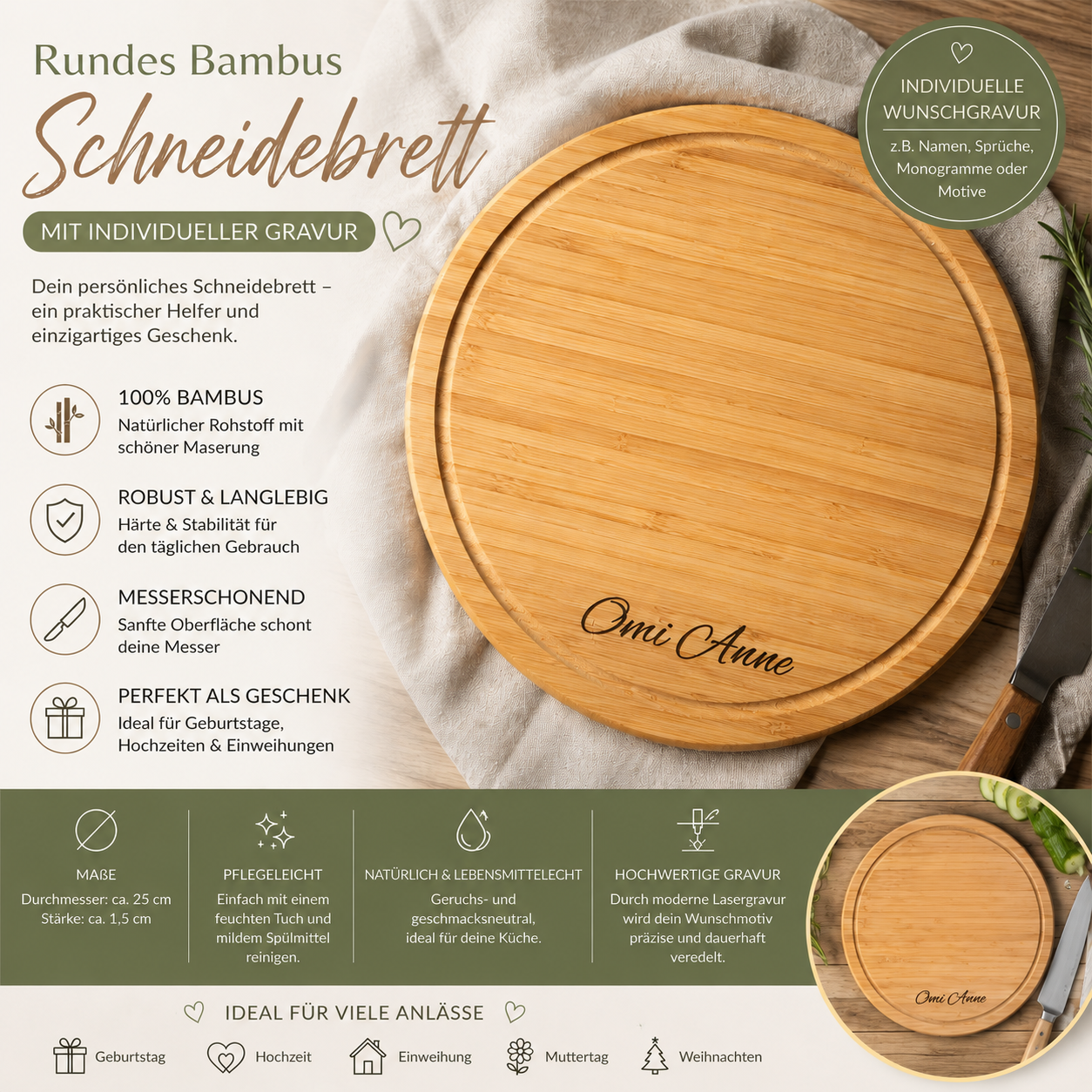 Schneidebrett rund aus Bambus 25 x 1,5 cm mit Wunschgravur Vesperbrett Schneidbrett Brett Brettchen Frühstücksbrett Geschenk