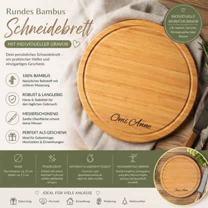 Schneidebrett rund aus Bambus 25 x 1,5 cm mit Wunschgravur Vesperbrett Schneidbrett Brett Brettchen Frühstücksbrett Geschenk