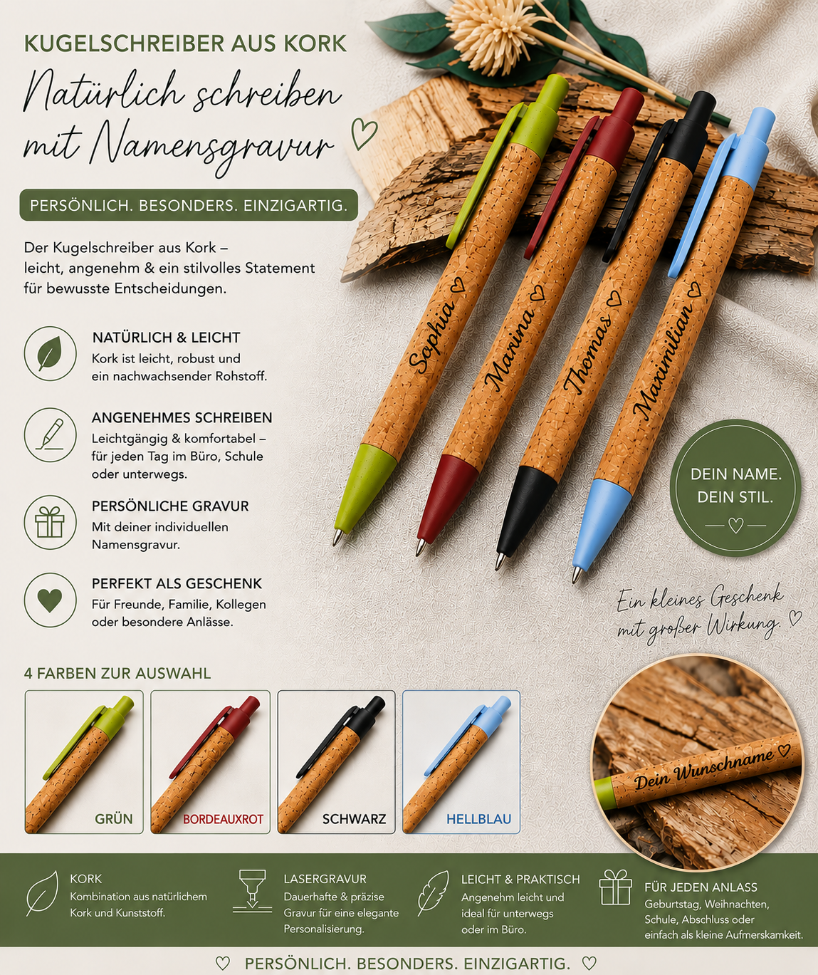Kugelschreiber personalisiert aus Kork mit Gravur 4 Farben zur Wahl Kuli Stift Gastgeschenk Geschenk