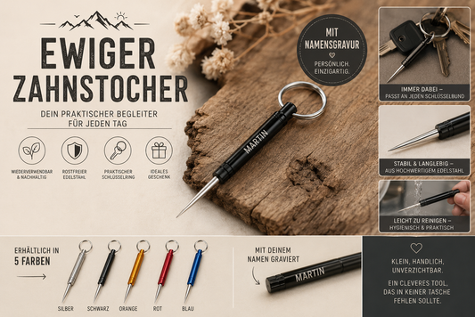 ewiger Zahnstocher als Schlüsselanhänger personalisiert Edelstahl mit Gravur Geschenk in 5 Farben verfügbar