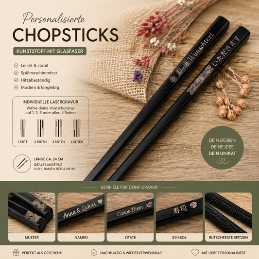 1 Paar Chopsticks Glasfaser schwarz Chinesische Stäbchen mit Wunschgravur 24 cm Geschenk Essstäbchen Glasfaser