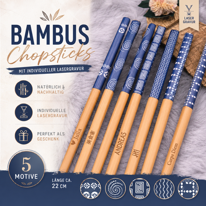 2 Chopsticks personalisiert blau Essstäbchen 1 Paar Bambus 22,5 cm 5 Motive Wunschgravur China Essen Food Sushi Geschenk