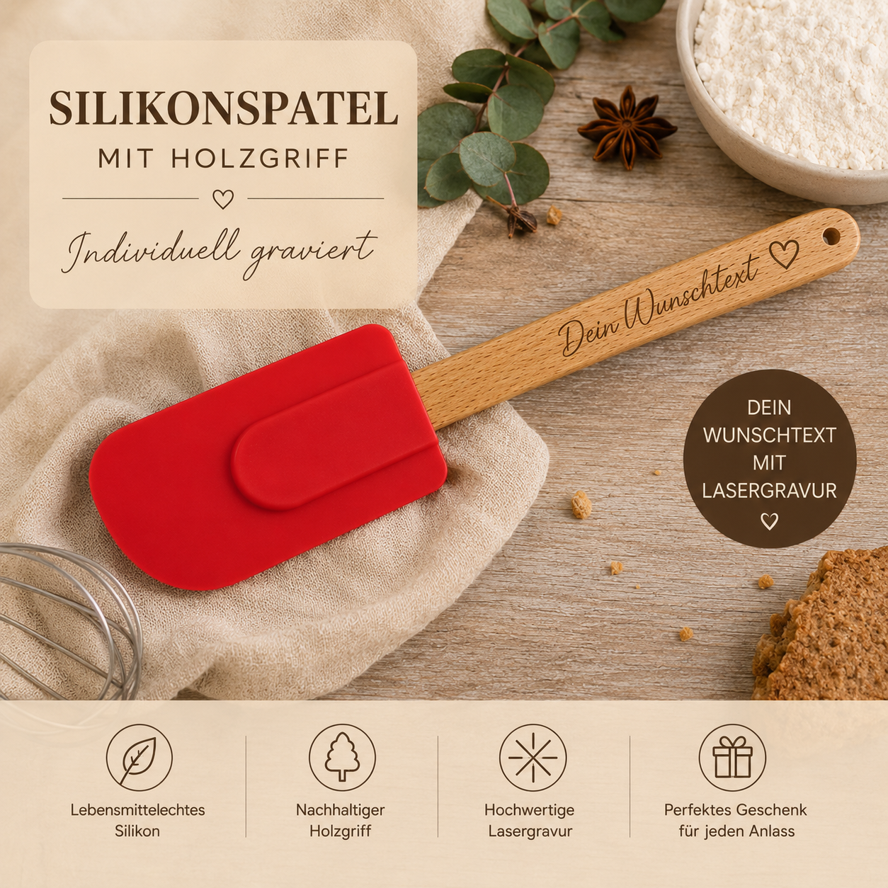 Teigschaber Silikonspatel Spatel XL rot  backen, kochen uvm. ca. 26 cm lang mit Wunschgravur personalisiert Geschenk