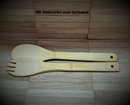 Salatbesteck aus Bambus 2-teilig ca. 30cm lang Salat Besteck mit Wunschgravur individuelles Geschenk Geschenkidee Geschenk