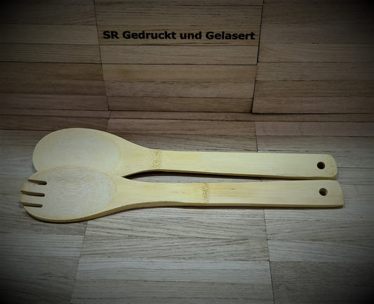 Salatbesteck aus Bambus 2-teilig ca. 30cm lang Salat Besteck mit Wunschgravur individuelles Geschenk Geschenkidee Geschenk