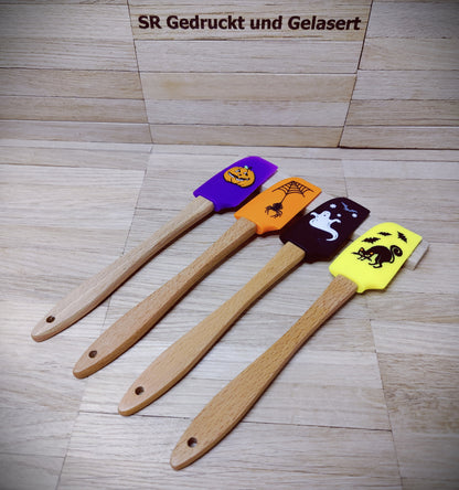 Teigschaber Silikonspatel Bambus Löffel  mit Motiv backen, kochen, grillen ca. 21 cm lang Katze Spinne Kürbis Gespenst Halloween Geschenk