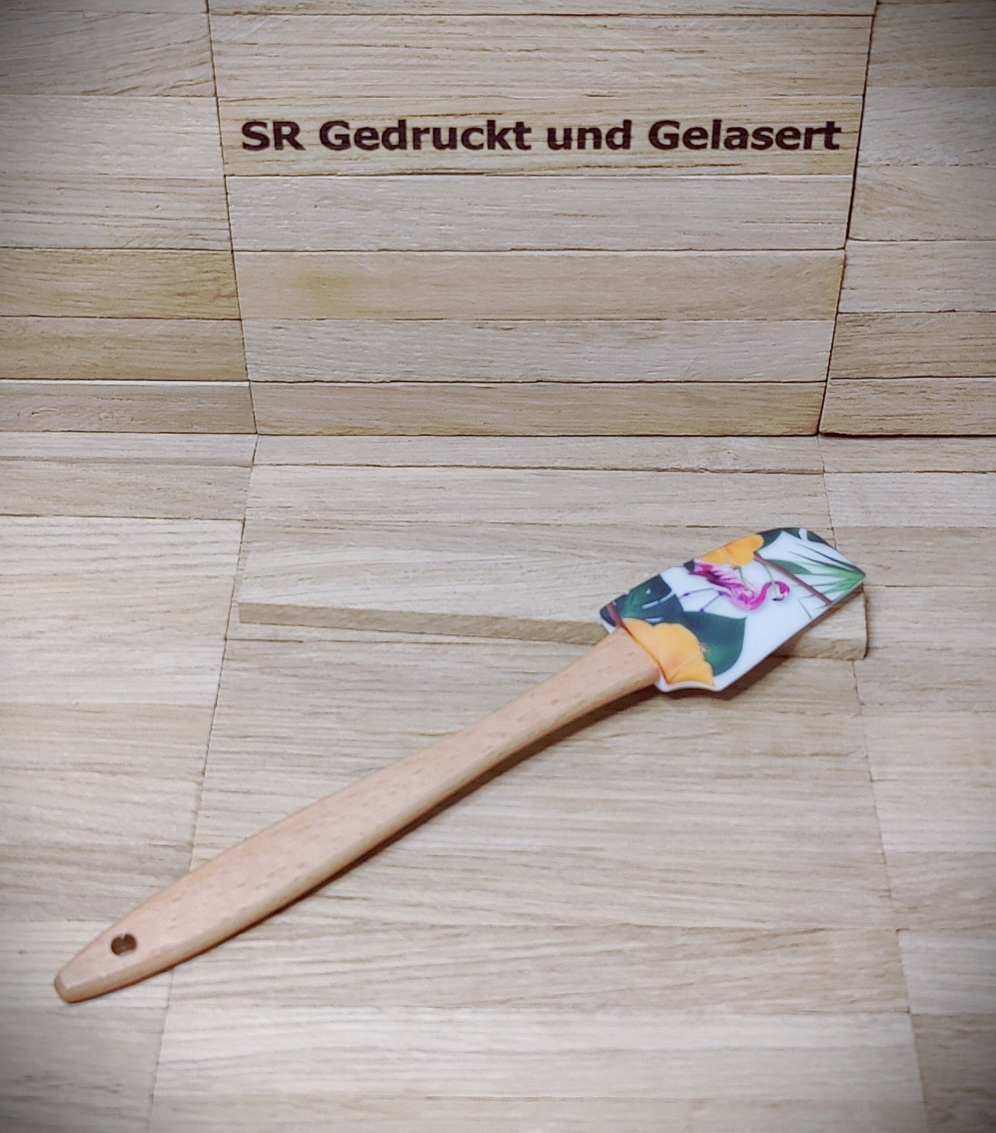 Silikonschaber Holz Spatel Teigschaber mit Motiv backen, kochen, grillen ca. 21 cm lang floral Blumen Flamingo Rose Geschenk
