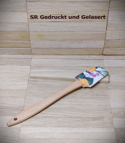 Silikonschaber Holz Spatel Teigschaber mit Motiv backen, kochen, grillen ca. 21 cm lang floral Blumen Flamingo Rose Geschenk