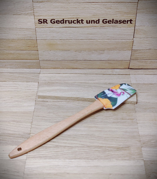 Silikonschaber Holz Spatel Teigschaber mit Motiv backen, kochen, grillen ca. 21 cm lang floral Blumen Flamingo Rose Geschenk