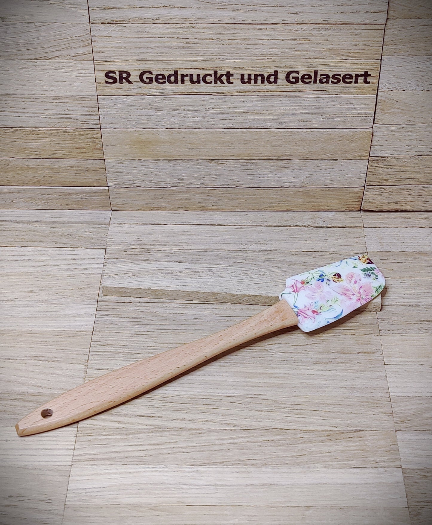 Silikonschaber Holz Spatel Teigschaber mit Motiv backen, kochen, grillen ca. 21 cm lang floral Blumen Flamingo Rose Geschenk