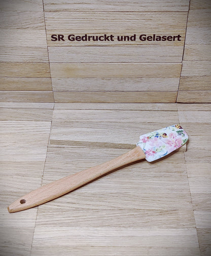 Silikonschaber Holz Spatel Teigschaber mit Motiv backen, kochen, grillen ca. 21 cm lang floral Blumen Flamingo Rose Geschenk