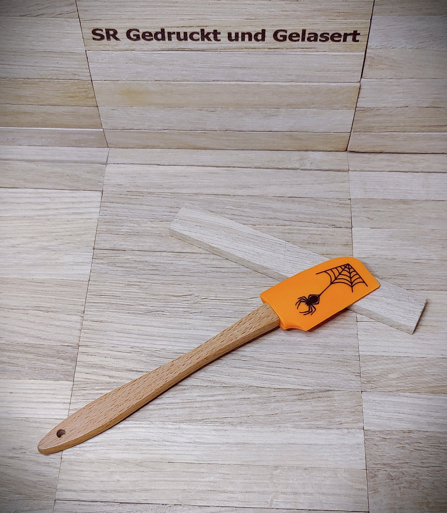 Teigschaber Silikonspatel Bambus Löffel  mit Motiv backen, kochen, grillen ca. 21 cm lang Katze Spinne Kürbis Gespenst Halloween Geschenk