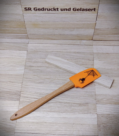 Teigschaber Silikonspatel Bambus Löffel  mit Motiv backen, kochen, grillen ca. 21 cm lang Katze Spinne Kürbis Gespenst Halloween Geschenk
