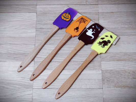 Teigschaber Silikonspatel Bambus Löffel  mit Motiv backen, kochen, grillen ca. 21 cm lang Katze Spinne Kürbis Gespenst Halloween Geschenk