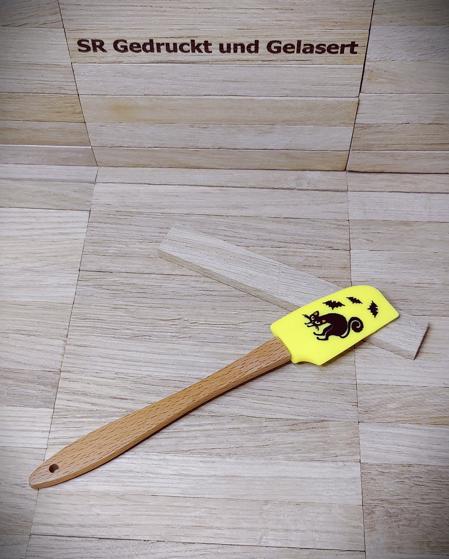 Teigschaber Silikonspatel Bambus Löffel  mit Motiv backen, kochen, grillen ca. 21 cm lang Katze Spinne Kürbis Gespenst Halloween Geschenk