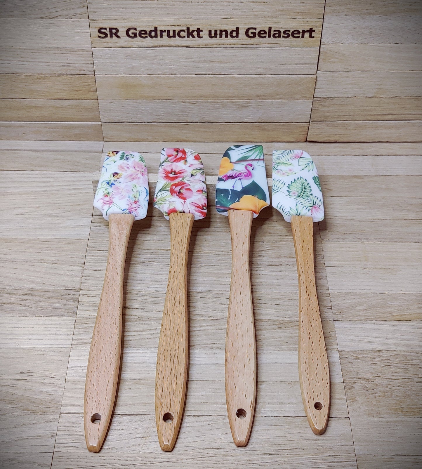 Silikonschaber Holz Spatel Teigschaber mit Motiv backen, kochen, grillen ca. 21 cm lang floral Blumen Flamingo Rose Geschenk