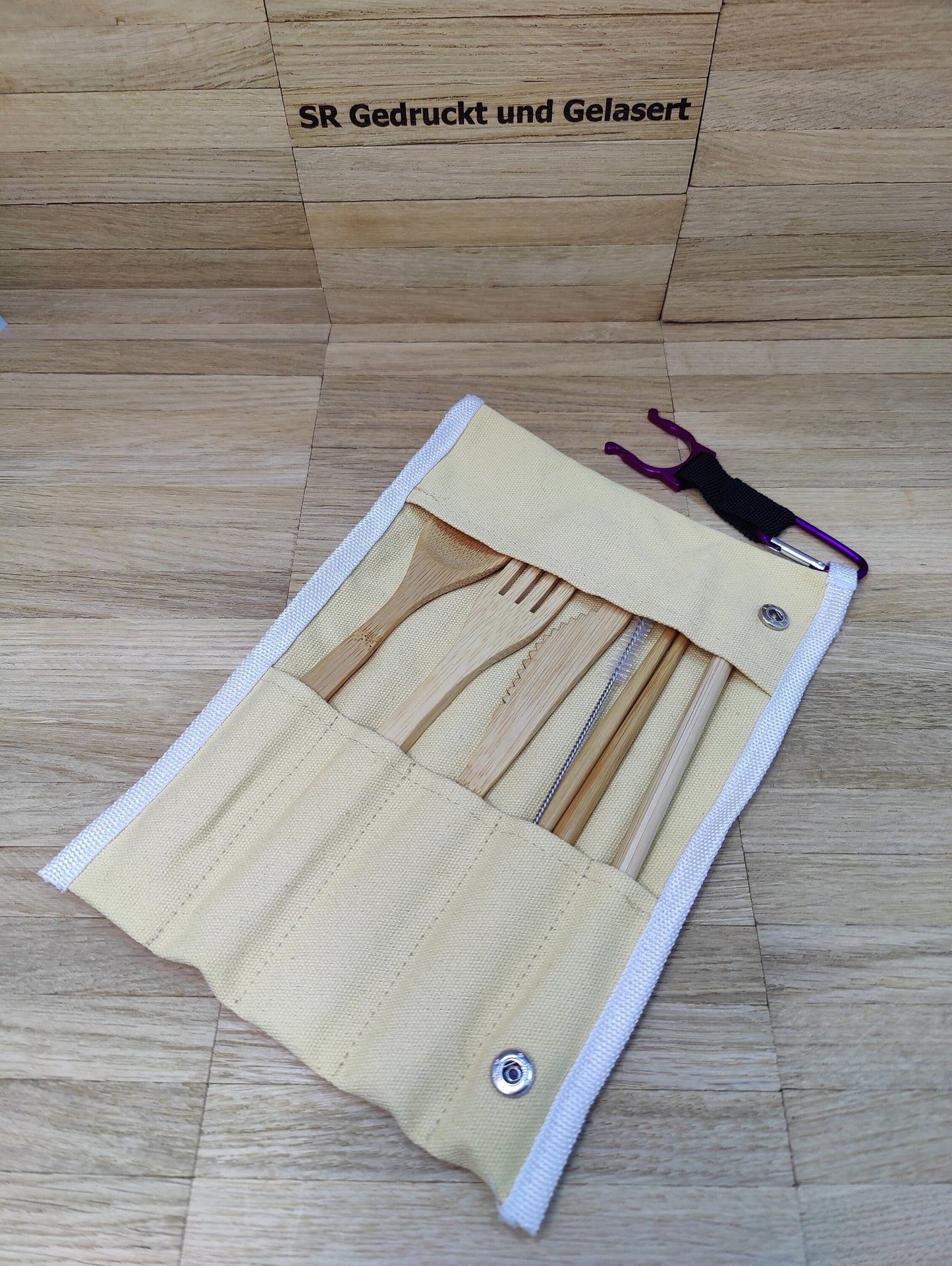 Reisebesteck Campingbesteck aus Bambus 8-teilig mit Stofftasche und Karabiner Wunschgravur individuelles Geschenk Geschenkidee Geschenk