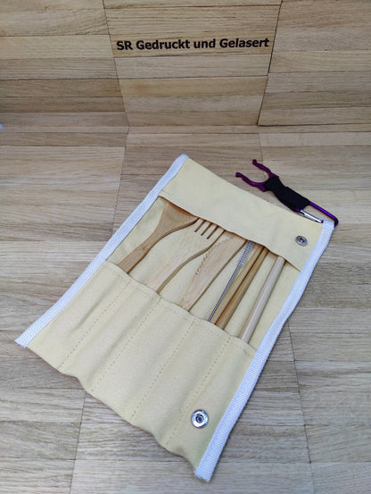 Reisebesteck Campingbesteck aus Bambus 8-teilig mit Stofftasche und Karabiner Wunschgravur individuelles Geschenk Geschenkidee Geschenk
