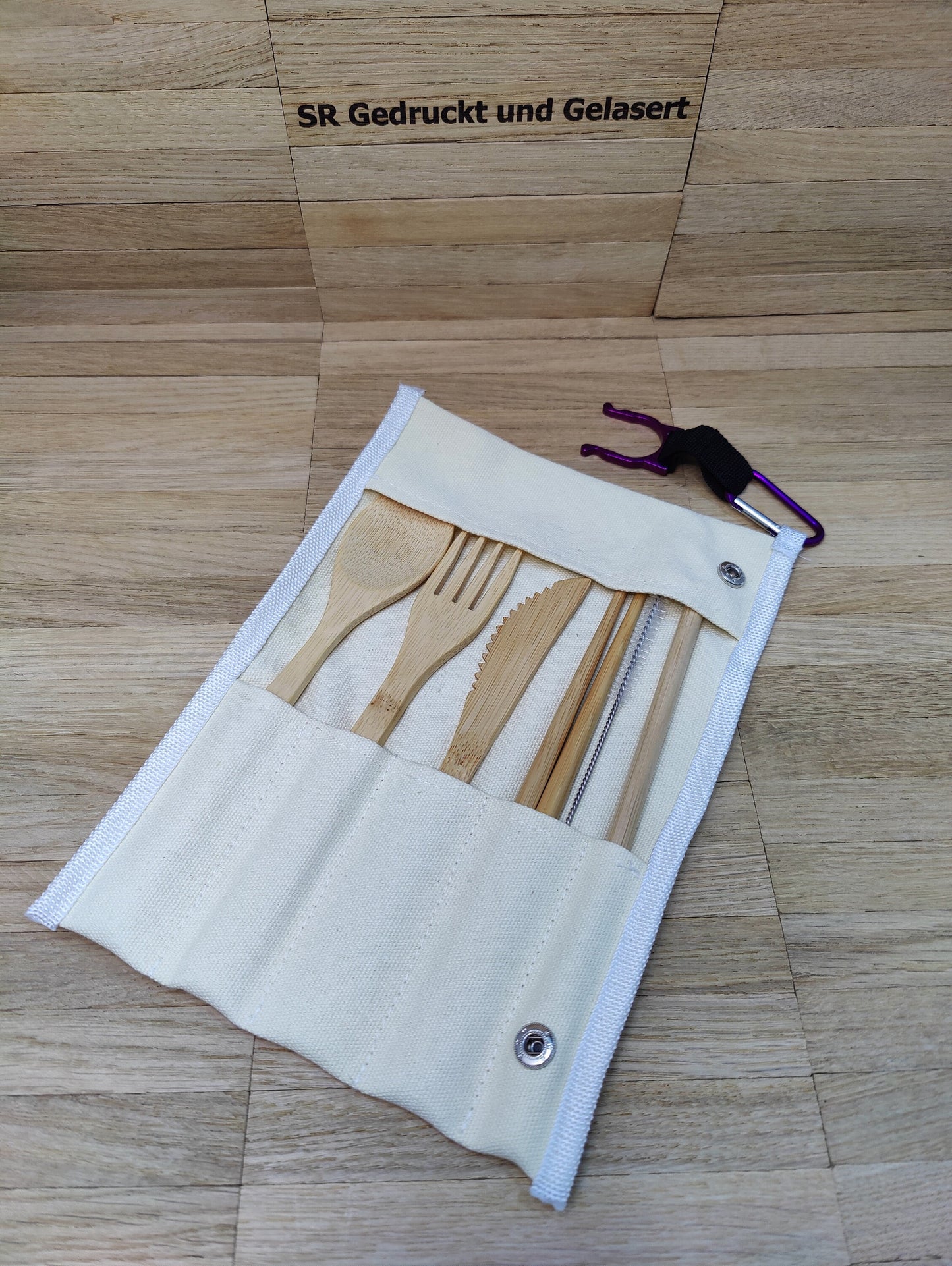Reisebesteck Campingbesteck aus Bambus 8-teilig mit Stofftasche und Karabiner Wunschgravur individuelles Geschenk Geschenkidee Geschenk
